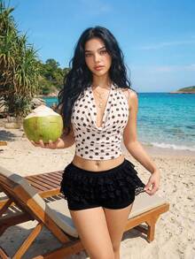 Sweetina Sexy lässige Spitzen-Rüschen-Saum Ultra-Taille Mini-Shorts - Schwarz - Übersicht 1