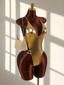 1pc Women's Sexy Backless Halter Monokini Swimsuit With Steel Rings, Suitable For Vacation And Daily Wear - Gold - View 4