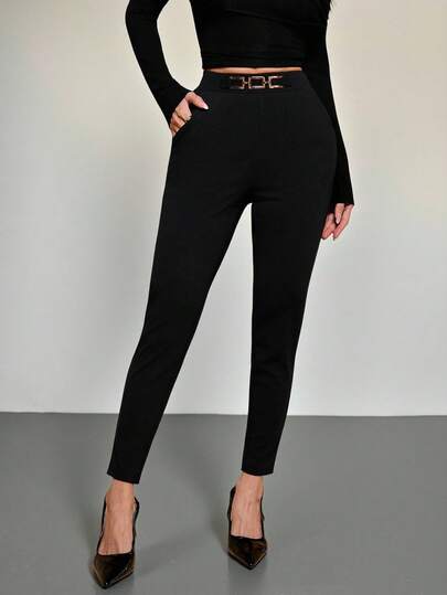 SHEIN Tall CURVE Plus Size Women High Waist Metal Buckle Detail Slim Fit Pants, Elegant Long Trousers For Summer & Spring, Suitable For Party, Wedding, Elegant, Vacation, Valentine's Day, Formal Occasions, Vintage Style, Office, , Suitable For Summer, Daily Commute, Dating, Party, Christmas, New Year, Thanksgiving, Party, Wedding, Beach, Graduation Ceremony, Fashion, Elegant, Casual, Outing, Dating, Reservation, Commuting, Shiny, Valentine's Day, Elegant, Vacation, Casual, Y2K, Outing, Graduation Ceremony And Other Occasions.