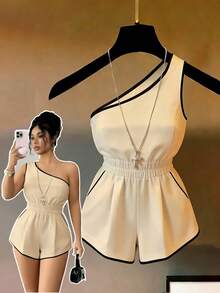 Franclia Contrast Color Patchwork Waist Pleated Fashionable Elegant Women's Sleeveless Jumpsuit - Apricot - View 7