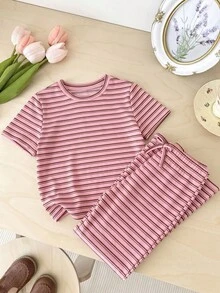 SHEIN 少女極簡條紋短袖T恤與長褲套裝 - 粉色 - 查看 2