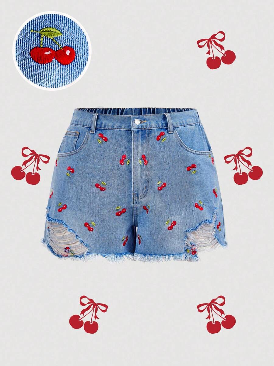 SHEIN MOD Plus Size Blue Denim Casual Fitted Shorts - Medium Wash - View 1