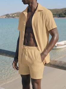 Palasendo Men's Solid Color Short Sleeve Single-Breasted Shirt And Drawstring Waist Shorts Beach Outfit - Khaki - View 5
