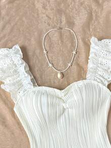 SHEIN 少女休闲日常舒适修身荷叶边提花面料吊带背心 - 白色 - 查看 5