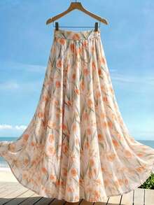 Falda acampanada de talle alto con estampado floral diminuto de tulipanes naranjas suaves, favorecedora y estilizante para el verano - Multicolor - Ver 7