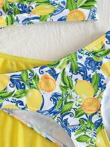 SHEIN Bộ bikini và váy che ngoài in hình chanh cho bé gái, thích hợp cho kỳ nghỉ hè ở bãi biển. - Màu vàng - Xem 7