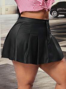 Jeanoix Y2K Plus Size Women PU Material Pleated Mini Skirt Curve Summer Outfit - Black - View 4