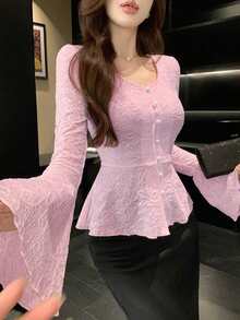 DAZY Blusa Elegante de Renda Rosa Suave para Encontros, Moda Casual de Outono, Primavera & Verão com Mangas Flare, Bainha Franzida, Textura Plissada, Ajustada para Casamento - Rosa chiclete - Visão 5