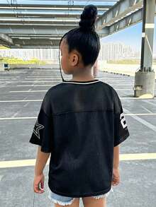 SHEIN Atasan Lengan Pendek Leher V Kasual Sporty untuk Anak Perempuan Remaja - Hitam - View 2
