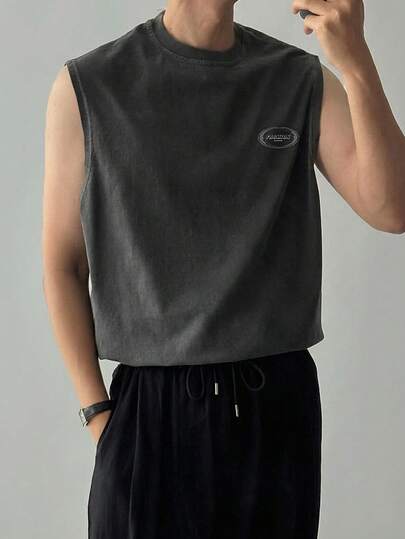 DAZY Men's Letter Print Washed Vintage Deep Grey Tank Top, Summer