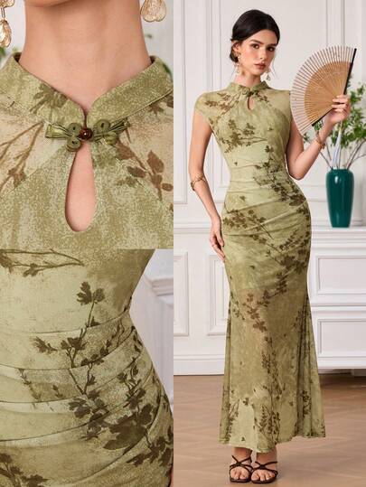 EastFlair Abito lungo elegante con vita arricciata e stampa floreale, adatto per feste e uscite