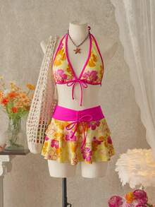 Bellisia Conjunto de biquíni de 3 peças feminino para o verão, com estampa floral, saia frente única e estilo casual de férias na praia e festivais de música. - Multicolorido - Ver 1