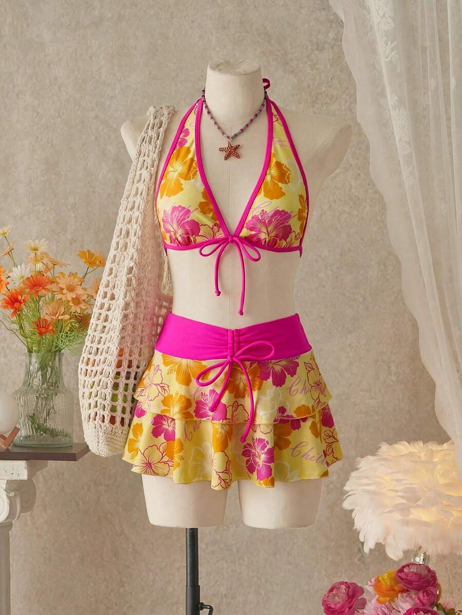 Bellisia Conjunto de biquíni de 3 peças feminino para o verão, com estampa floral, saia frente única e estilo casual de férias na praia e festivais de música. - Multicolorido - Ver 1