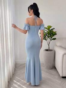 Feyla Women's Elegant Party Solid Color 3D Floral Decor Off-Shoulder Halter Mermaid Dress - Blue - View 6