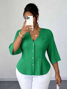 Maweii Plus Size Women's Solid Color Commuter Minimalist Notched Neck Half Sleeve Elegant Cardigan Casual Blouse, Spring/Autumn - Green - View 1