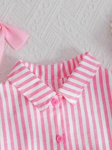 SHEIN Kids/Young Girls' Fashion Pink Striped Butterfly Decor Lantern Sleeve Shirt,White,Summer,School Back To School Casual Preppy Style Blouse - Pink - View 4