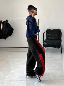 StreetHx Quần jeans ống loe kẻ sọc tương phản dành cho nữ - màu đen - Xem 2