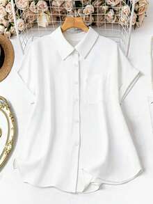SHEIN LUNE Áo sơ mi ngắn tay màu đỏ dáng rộng dành cho nữ cỡ lớn, áo kiểu mùa hè, áo sơ mi nữ mặc đi nghỉ mát. - trắng - Xem 1
