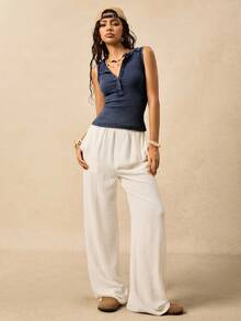 Easelle Casual Bohemian Style Lace Sleeveless T-Shirt, Waist Cinched Design, Vintage Washed Effect, Retro Nomadic Women's Navy Blue, Summer Top - Navy Blue - View 3