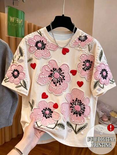 Resyla Áo thun nữ tay ngắn cổ tròn in hoa, kiểu dáng thường ngày, thích hợp cho mùa hè.