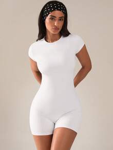 SHEIN BAE Solid Color Backless Tight Fitting Short Sleeve Sports Jumpsuit, Summer - White - View 3