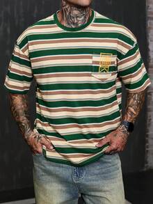 Men's Striped Chest Pocket Design Collaboration T-Shirt, Summer - Multicolor - View 3