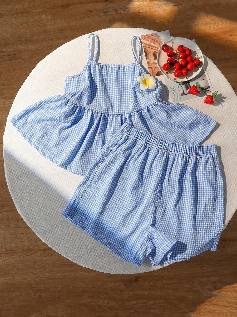 SHEIN Bộ 2 món gồm áo hai dây và quần short cạp chun bằng vải chiffon thời trang, trang phục thường ngày thoải mái cho thiếu nữ và các bạn gái, dáng rộng, phù hợp cho mùa thu, xuân, đông, mặc hàng ngày, đi làm, hoạt động ngoài trời, thể thao, đi học, dạo phố, dự tiệc, chụp ảnh. - Màu xanh lam - Xem 1