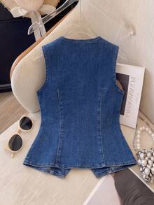 Firerie Áo croptop denim không tay trang trí vỏ kim loại mùa hè dành cho nữ, trang phục lễ hội, đi làm, nghỉ mát, tốt nghiệp, phong cách Y2K dễ thương, thời trang đường phố, dự tiệc, đám cưới, thanh lịch, công sở, thường ngày, áo vest denim không tay cổ tròn màu xanh dương ôm sát, hoàn hảo cho trang phục mùa hè. - Màu xanh lam - Xem 2