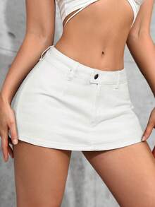 SHEIN Tall 女士休闲日常通勤简约纯色牛仔裙裤 - 米色 - 查看 3
