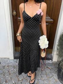 Sunnyshic Robe maxi à col en V avec bretelles spaghetti, dos nu, taille cintrée et imprimé à pois en tricot noir avec décoration florale 3D rose. Robe d'été, de plage, de pays, élégante et douce, polyvalente pour les femmes - Noir - Voir 7