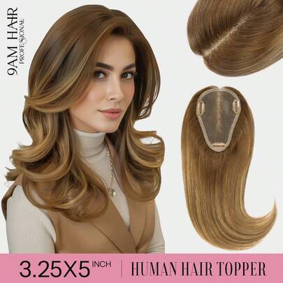 Tóc giả che đỉnh đầu kích thước 3.25*5 inch dành cho nữ, tóc thật màu T4-P4/27# Balayage nâu sô cô la sang vàng caramel, tóc thật dành cho người bị rụng tóc hoặc tóc mỏng, không có mái, giúp tăng độ dày cho tóc, ôm sát da đầu, kiểu kẹp tóc.