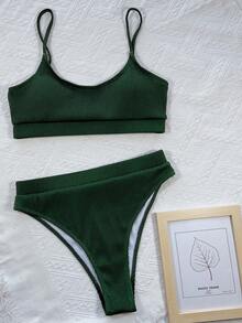 SHEIN Swim 羅紋比基尼套裝吊帶文胸和高衩下裝2入組泳衣 - 墨綠色 - 查看 5