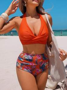 Swim Lushoire Women's Summer Beach Tropical Plant Print Halter Tie Sexy Bikini Swimsuit Set - Burnt Orange - View 3
