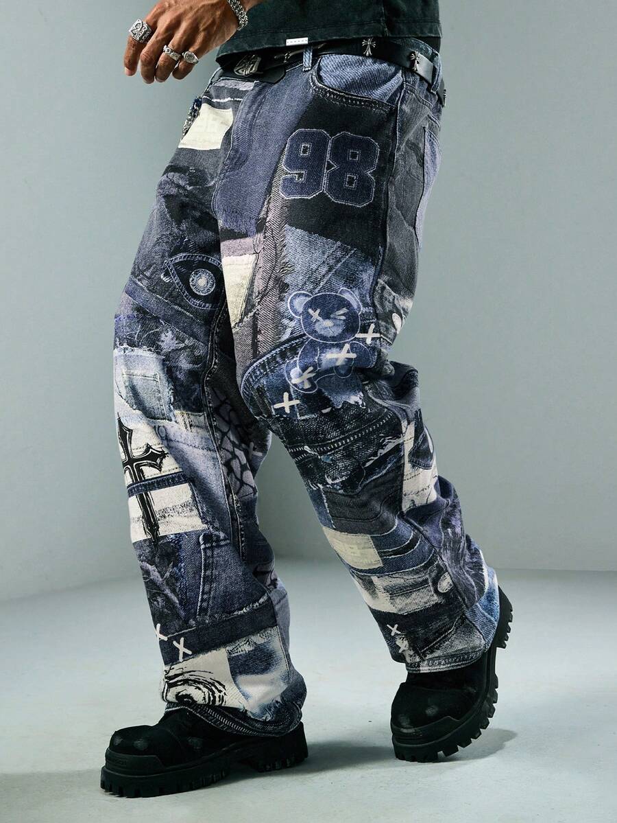 ROMWE MEN Street Life Jeans rectos con pinzas para hombre - Azul - Ver 1