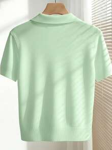 Franclia Women's Spring/Summer White Simple Casual Turndown Collar Raglan Short Sleeve Solid Color Fitted Knit Top, Plus Size - Mint Green - View 2
