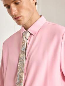 Officeau Men's Solid Color Front Button Business Casual Long Sleeve Dress Shirt - Baby Pink - View 7