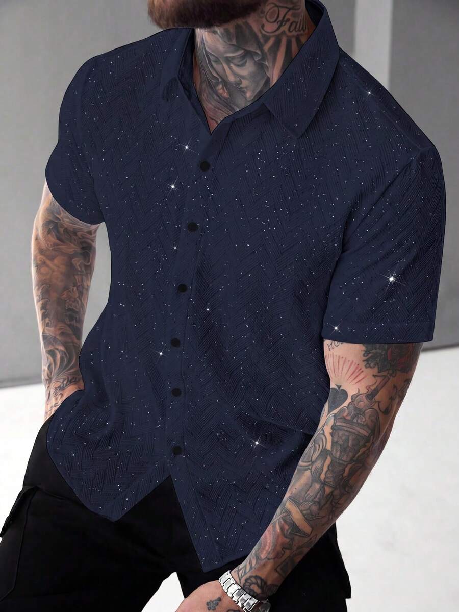 SLATEMANN Men's Casual Front Button Short Sleeve Shirt, Summer - Navy Blue - View 1