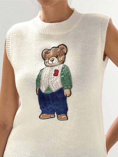 Briarwyn Women's Versatile Cute Bear Embroidered Crew Neck Knit Vest,Summer Tops ,Summer Clothes,Vacation Outfits Women ,Yellow Knit Vest,Old Money Style