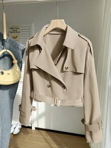 Comfortcana Plus Size Retro Khaki Short Trench Coat With Collar, Suitable For Spring And Autumn Fall - Khaki - View 3
