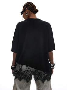 SHEIN EZwear Áo thun nữ cỡ lớn màu đen phối ren viền, kiểu dáng thường ngày. - màu đen - Xem 2