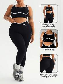 Dewbera Dewbera Plus Size Women Contrast Color Close-Fitting Comfortable Sports Set - Black and White - View 3