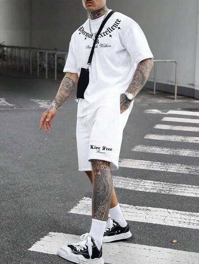 Torvinic Bộ áo thun và quần short trắng dáng rộng chất lượng cao phong cách Gothic in hình ngôi sao.