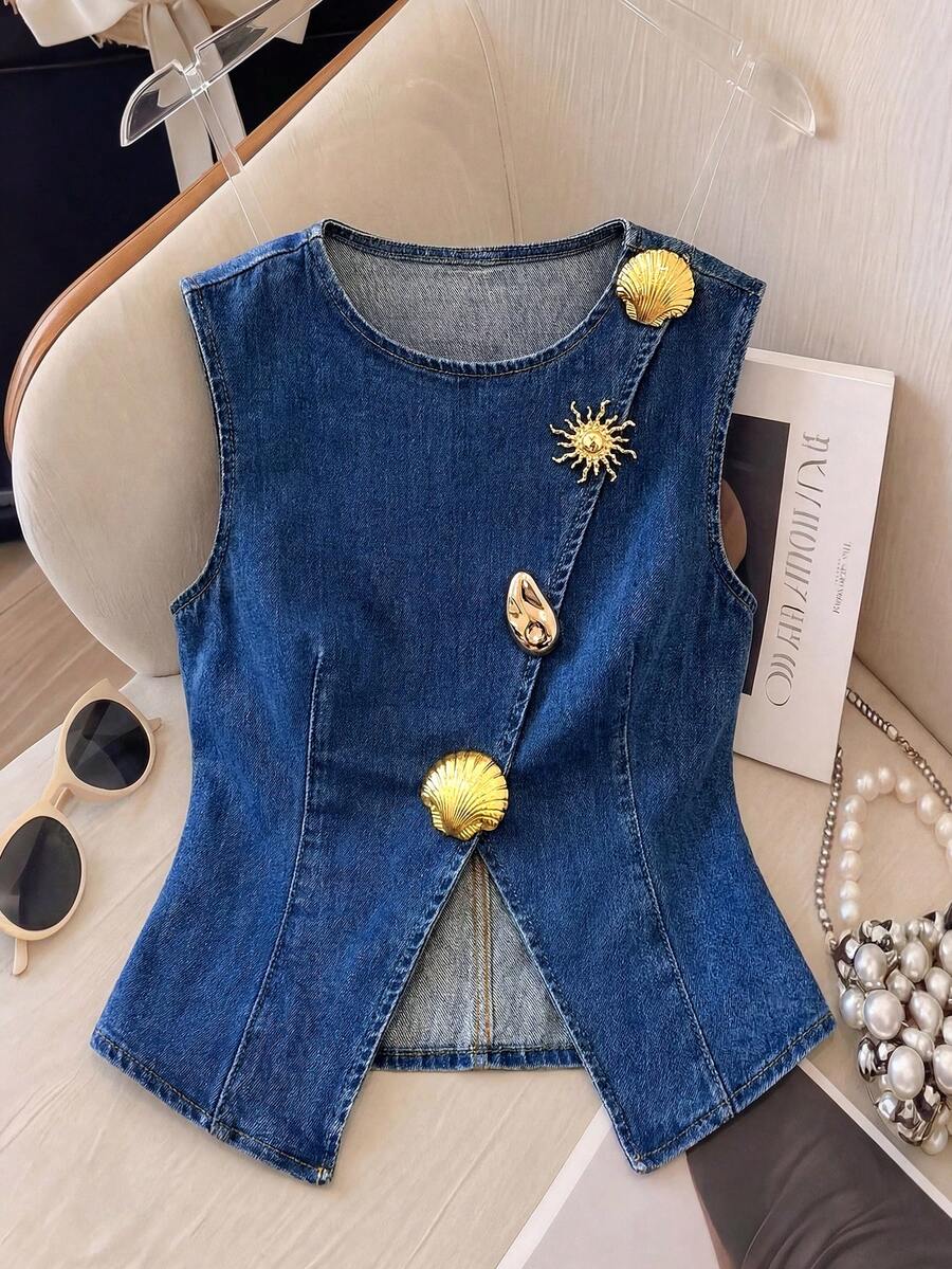 Firerie Áo croptop denim không tay trang trí vỏ kim loại mùa hè dành cho nữ, trang phục lễ hội, đi làm, nghỉ mát, tốt nghiệp, phong cách Y2K dễ thương, thời trang đường phố, dự tiệc, đám cưới, thanh lịch, công sở, thường ngày, áo vest denim không tay cổ tròn màu xanh dương ôm sát, hoàn hảo cho trang phục mùa hè. - Màu xanh lam - Xem 1