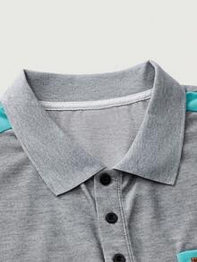 Men Office Color Block Patch Detail Collar Polo Shirt, Knit Fabric Short Sleeve Gray, With Contrast Trim & Pocket & Button - Grey - View 5