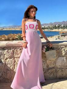 SHEIN Cottnline Women's Pink Crochet Regular Vacation Maxi Dress – Sleeveless Square Neck Summer Sundress, Colorblock Knitted Top, Cute Casual Beach Holiday Dress - Pink - View 6