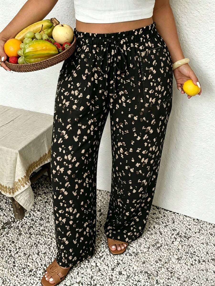SHEIN Frenchy Quần dài nữ cỡ lớn, kiểu dáng thường ngày, họa tiết da báo, thích hợp cho kỳ nghỉ, mùa hè, có túi. - Nhiều màu - Xem 1