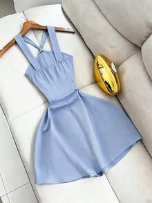 Franclia Women's Solid Color Halter Neck Elegant Design Dress - Blue - View 2