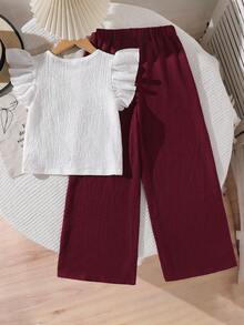 SHEIN 青少年女孩 2件組 短袖圓領可愛夏季白色紋理喇叭袖T恤與寬腿褲套裝，牛仔風度假假日風 - 彩色 - 查看 2
