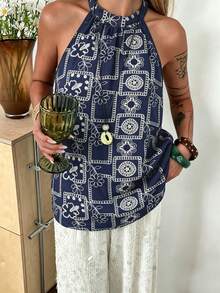Livesso Top de tirantes finos casual con bordado floral de estilo ditsy texturizado en azul, adecuado para festivales de música, San Valentín, bodas, vacaciones, playa - Azul - Ver 3