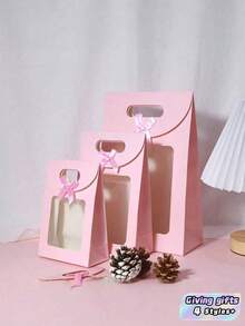 5PCS Pink Clear Self Standing Window Gift Bags With Handle Flip Top Bow Candy Party Favor Tote For Birthday Holiday Celebration Supplies - D multicolor - View 1